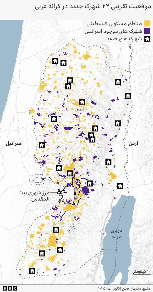 گرافیک نقشه تقریبی ۲۲ شهرک‌ جدید در کرانه غربی
