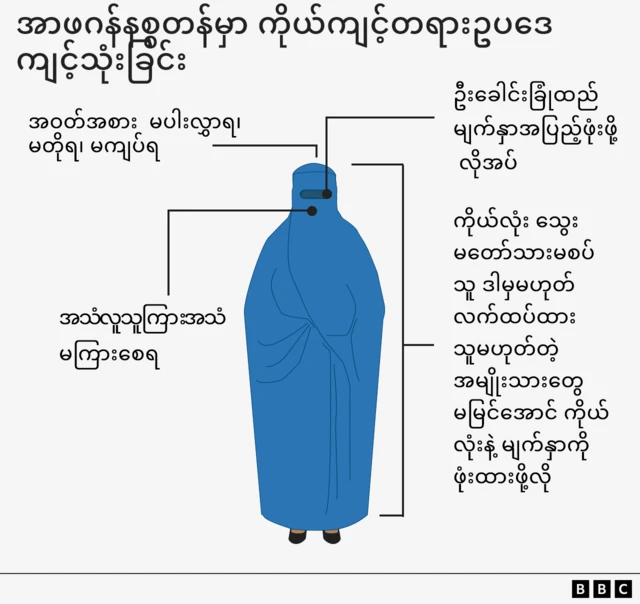 တာလီဘန်တွေက အမျိုးသမီးတွေ အပေါ် ကန့်သတ်လိုက်တဲ့ ကိုယ်ကျင့်တရားဥပဒေကို သရုပ်ဖော်ပုံရေးဆွဲထားတာဖြစ်ပါတယ်။ မွတ်ဆလင် အမျိုးသမီးတစ်ဦး အပြာရောင် ဘူခါရ်ခြုံပြီး ဘေးနားမှာ လက်ရှိ တာလီဘန်တွေ က အမျိုးသမီးတွေအပေါ် ကန့်သတ်လိုက်တဲ့ ကန်သတ်ချက်တွေကို စာတန်းထိုးပုံဖော်ထားတာဖြစ်ပါတယ်။