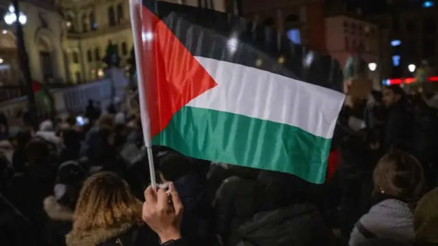 Seorang pengunjuk rasa mengibarkan bendera Palestina di Oslo, Norwegia.