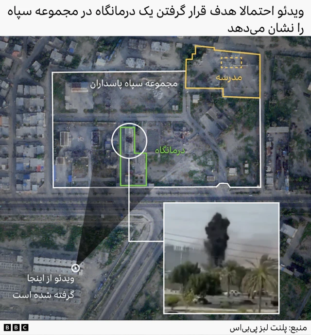 طرح گرافیکی بی‌بی‌سی وریفای که در آن تصاویر ماهواره‌ای پایگاه سپاه و مدرسه مجاور آن نشانه‌گذاری شده و درمانگاه محل اصابت موشک مشخص شده است