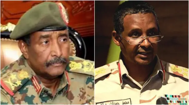 የአገሪቱ ጦር መሪ ጀነራል አብደል ፈታህ አል-ቡርሃን (ግራ) እና የፈጥኖ ደራሽ ልዩ የሚሊሻ ኃይል አዛዡ ጀነራል መሐመድ ሐምዳን ዳጋሎ (ቀኝ)።