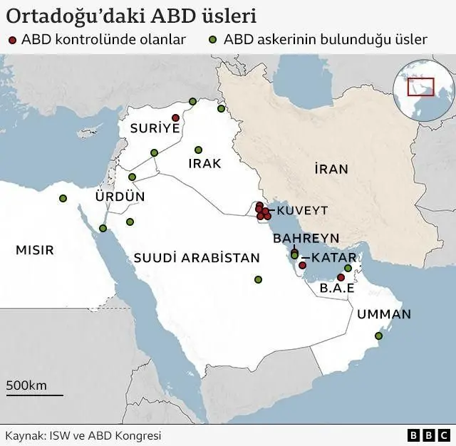 Ortadoğu haritasında ABD'nin üsleri dairelerle işaretlenmiş. 