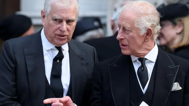 Prince Andrew and King Charles at the funeral of the Duchess of Kent