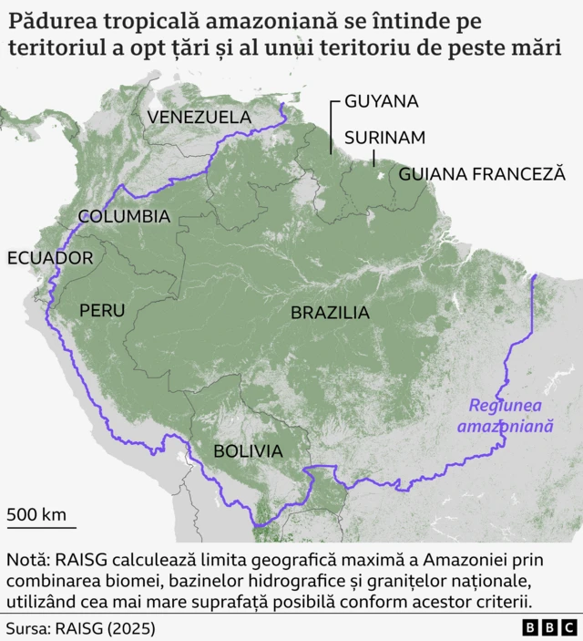 Harta arată amplasarea pădurii tropicale amazoniene.