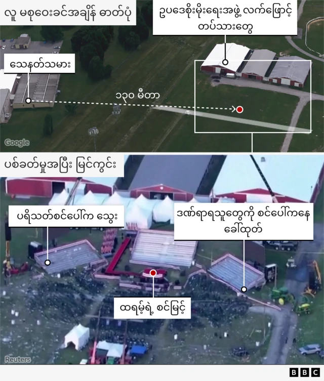 ပစ်ခတ်မှုဖြစ်အပြီးအခြေအနေမြင်ကွင်းနဲ့ ပစ်ခတ်မှု အကွာအဝေးပြမြေပုံ