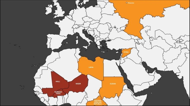 ግዝኣታት ሩስያ፡ ሶርያን ብሩስያ ዝምራሑ ሓይልታት ዝንቀሳቐሱለን ሃገራት ኣፍሪቃን ዘርኢ ካርታ፤ ሊብያ፡ ሱዳን፡ ሪፓብሊክ ማእከላይ ኣፍሪቃ፡ ኒጀር፡ ማሊ፡ ቡርኪናፋሶ