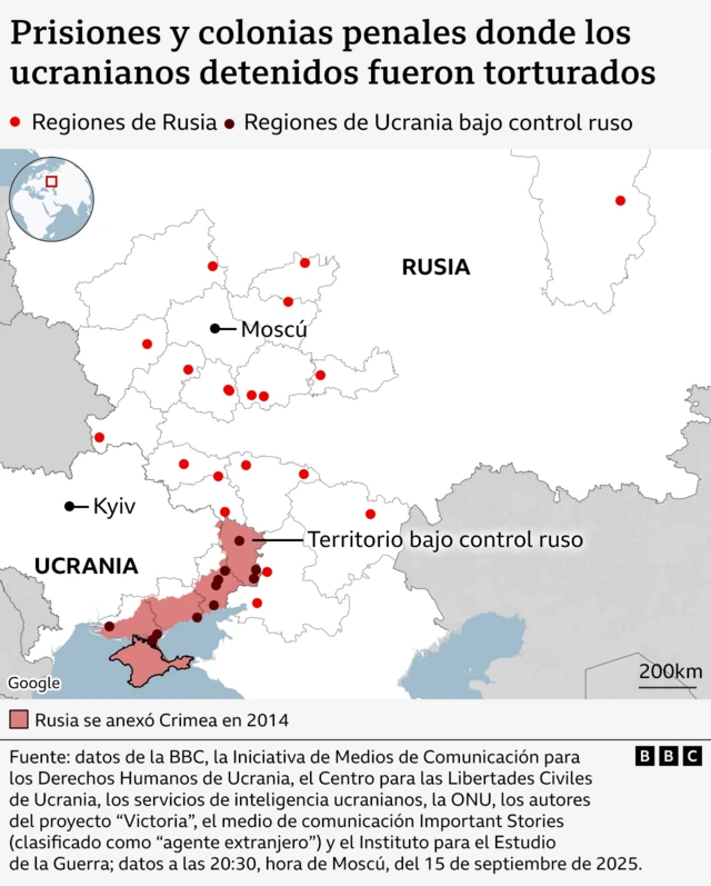 Un mapa de Rusia que muestra las prisiones y colonias donde supuestamente fueron torturados prisioneros de guerra ucranianos y detenidos civiles.
