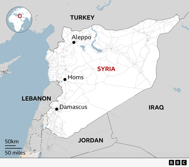 Map show Syria located for di Middle East, on di eastern shore of di Mediterranean Sea. E dey share border with Turkey to di north, Iraq to di east, Jordan to di south and Lebanon to di west. Im capital, Damascus, dey di south west of di country