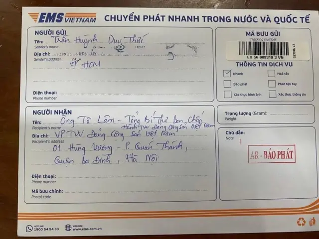 Thư chuyển phát nhanh của ông Trần Huỳnh Duy Thức gửi ông Tô Lâm liên quan việc nhà hoạt động Trịnh Bá Phương bị khởi tố lần hai theo điều 117 Thư chuyển phát nhanh của ông Trần Huỳnh Duy Thức gửi ông Tô Lâm liên quan việc nhà hoạt động Trịnh Bá Phương bị khởi tố lần hai theo điều 117