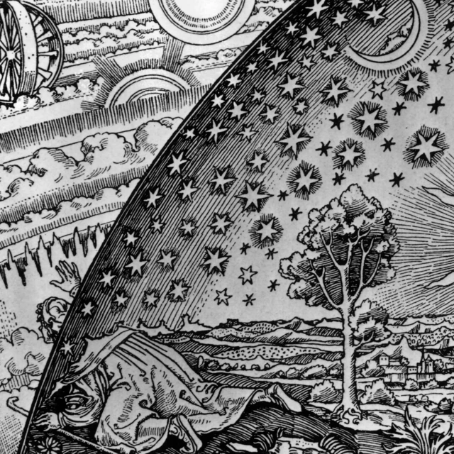 In this illustration attributed to the 19th Century, a man looks beyond the Earth to see the true workings of the wider Universe 