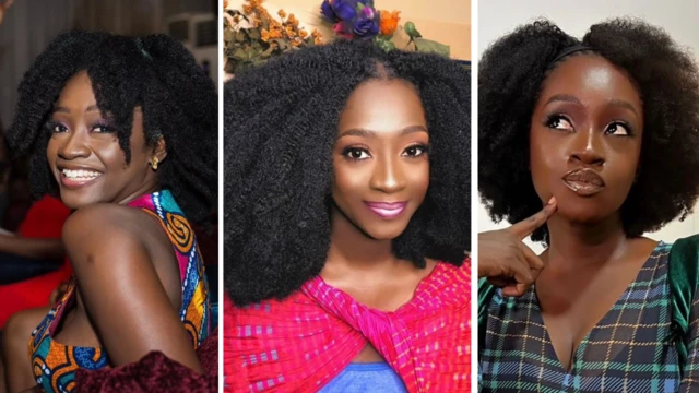 A grid of musician and actress Adomaa in her afro hair 