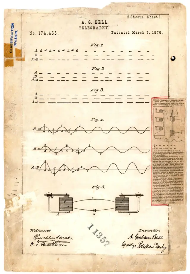Dibujo de patente de telegrafía de Alexander Graham Bell, 7 de marzo de 1876