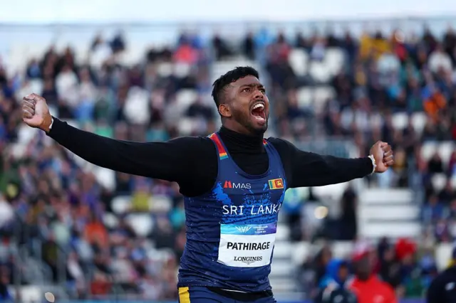 Rumesh Tharanga Pathirage of Team Sri Lanka celebrates during the Men's Javelin Throw Final during the Athletics on day eight of the Glasgow 2026 Commonwealth Games at Scotstoun Stadium on July 31, 2026 in Glasgow, Scotland. (Photo by Dean Mouhtaropoulos/Getty Images)