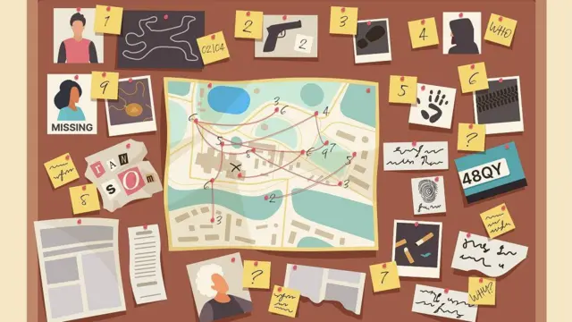 Papan penyelidikan yang dilakukan kepolisian dengan foto dan gambar korban, peta kertas dan benang merah, bukti untuk menyelidiki pembunuhan.
