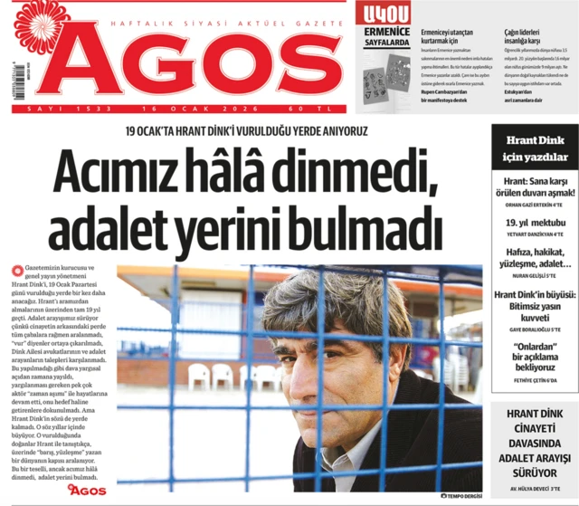Bir gazetenin manşetinde Hrant Dink fotoğrafı var. Başlıkta "Acımız hala dinmedi, Adalet yerini bulmadı" ifadeleri yer alıyor.