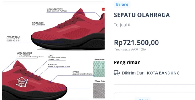Harga sepatu olahraga dalam salah satu katalog penyedia yang dipilih Kementerian Sosial untuk Sekolah Rakyat