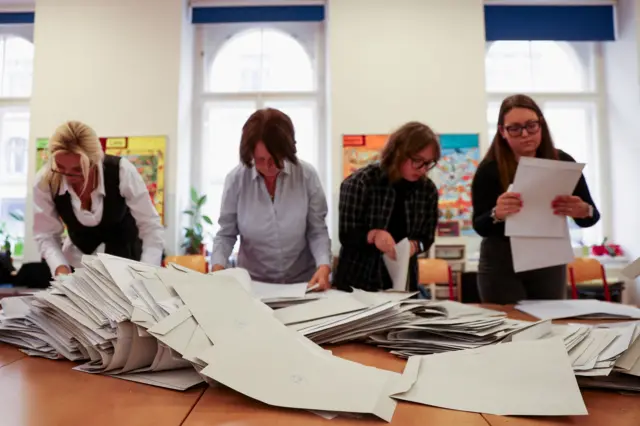 Pracownicy komisji wyborczych liczą głosy w drugim dniu wyborów parlamentarnych w Pradze, Czechy, 4 października 2025 r.