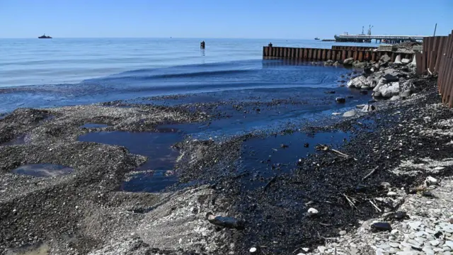 Пляж в Туапсе, на котором и в воде видно обширные нефтяные пятна 