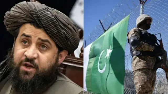 কোলাজ ছবির একপাশে তালেবান প্রতিরক্ষামন্ত্রী মোল্লা ইয়াকুব, অন্যপাশে সীমান্তে কাঁটাতারের বেড়ার ওপর পাকিস্তানের পতাকা ঝোলানো এবং এর পাশেই অস্ত্র হাতে দাঁড়িয়ে আছেন নিরাপত্তা বাহিনীর একজন সদস্য 