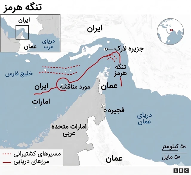 نقشه تنگه هرمز و جزایر موجود و کشورهای همسایه ایران در این منطقه ازجمله عمان و امارات متحده عربی