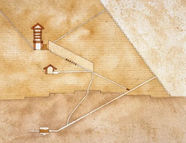 نقشه از یک هرم و ساختار درونی آن که اتاق تدفین ران نشان می‌دهد