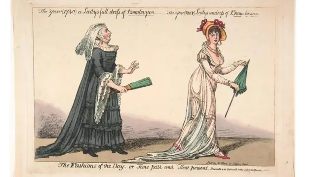 19th century satirical printmakers enjoyed highlighting the perils of muslin dresses, such as the risk of appearing nude in strong sunlight, wind or rain