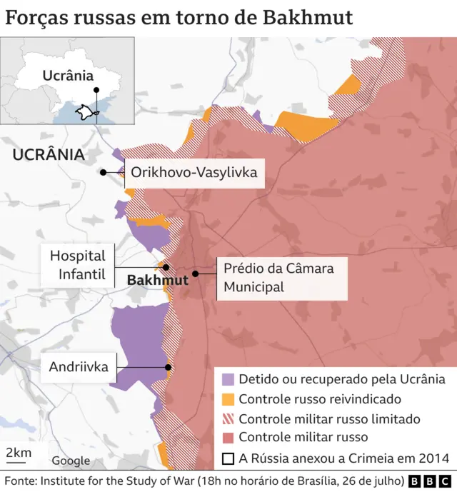 mapa mostra a luta em torno de Bakhmut