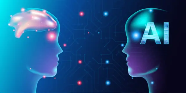 تصویرسازی دو نیم رخ روبروی هم در سر یکی نوشته هوش مصنوعی و در دیگری تصویر مغز است