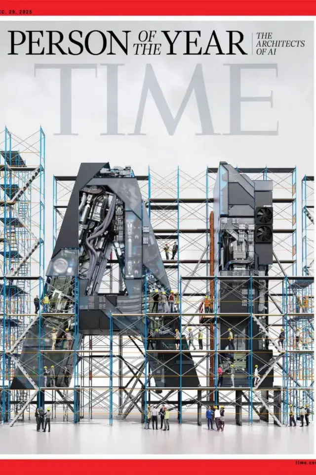 A outra capa da Time mostra as letras “AI”, com trabalhadores da construção ao redor. É como se eles estivessem construindo uma estátua gigante das letras usando peças de computador.