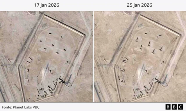 Vistas da Base Aérea americana de al-Udeid, no Catar, nos dias 17 e 25 de janeiro de 2026