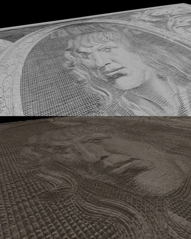 A visão detalhada desta placa de impressão revela sua textura, mapeada e digitalizada pela tecnologia