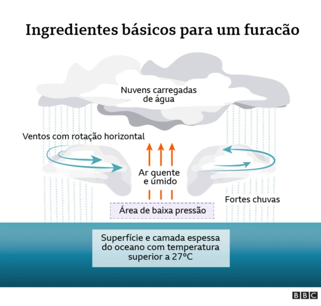 Ilustração mostra ingredientes básicos de um furacão, como nuvens carregadas de água; ar quente e úmido; ventos com rotação horizontal; fortes chuvas; área de baixa pressão; e superfície do mar com temperatura superior a 27ºC