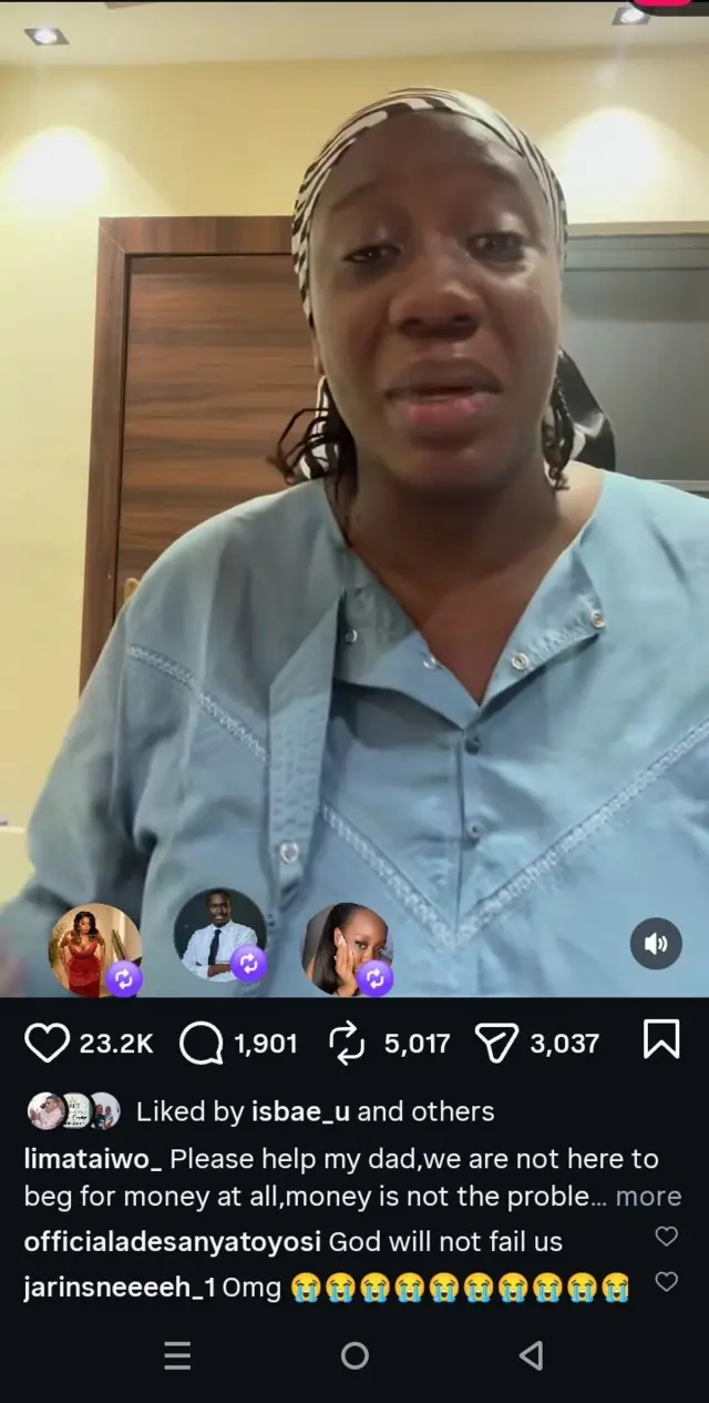 Ọmọ Ogogo, Haleemah Taiwo náà ń sunkún láti bẹ̀bẹ̀ fún ìrànwọ́ aráàlú láti wá dókítà fún ìtọ́jú baba rẹ