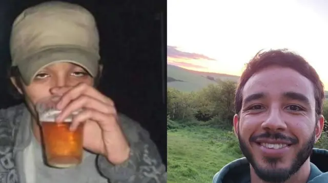 دوه انځورونه یو بل ته نږدې کېښودل شوي. په چپ اړخ کې د همیش انځور دی، چې بیر څښي او په سترګو یې خولۍ را ټیټه کړې ده او په ښي اړخ کې د همیش وروستی انځور دی، چې کامرې ته موسکا شوی دی.