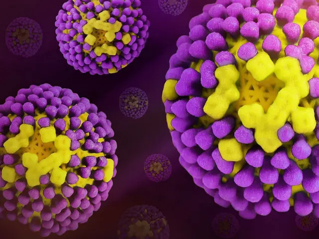 Karya seni kreatif yang menampilkan cetakan 3D berwarna dari virus influenza.