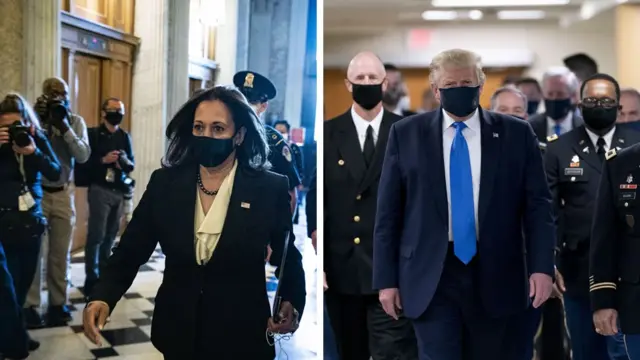 Composite image shows Kamala Harris wearing a protective mask as she arrives to a vote at the US Capitol in Washington in 2020 (right), and Donald Trump wearing a mask while visiting the Walter Reed National Military Medical Center in Bethesda, Maryland, in the same year