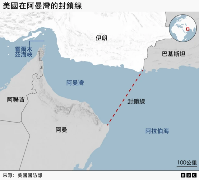 美国在阿曼湾封锁线示意图
