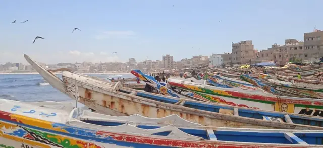 Des dizaines de pirogues sur le rivage à Yoff.