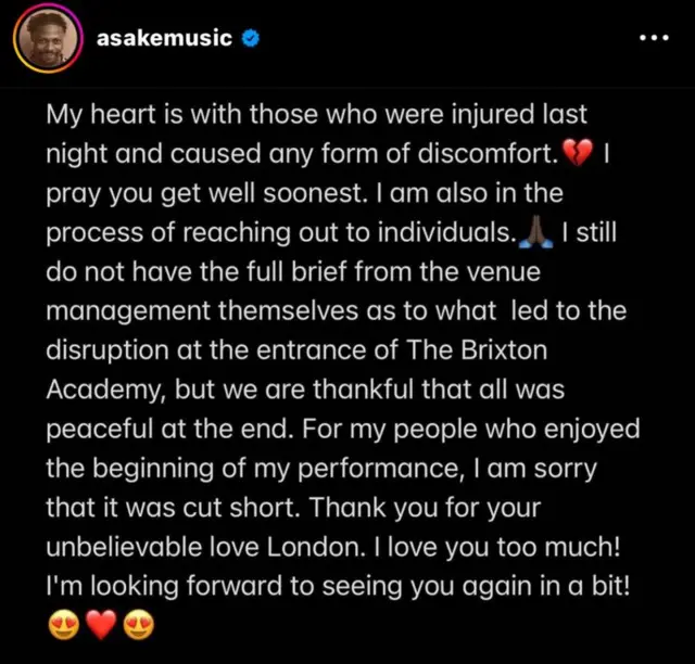Asake Instagram message