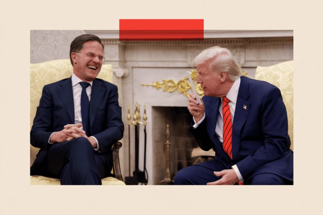 Mark Rutte laughs as Donald Trump jokes during a meeting in the Oval Office of the White House on 13 March 2025 in Washington DC.