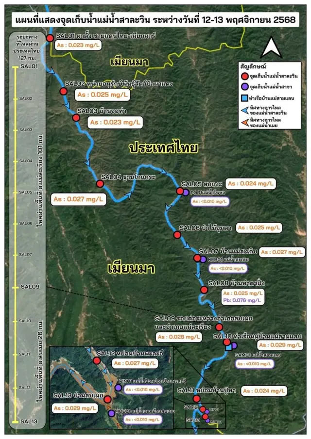 ภาพแสดงแผนที่จุดเก็บน้ำในแม่น้ำสาละวินของ คพ. พร้อมแสดงผลตรวจแต่ละจุด