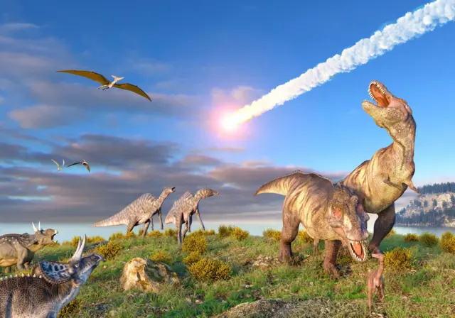 Illustration of the K T Event at the end of the Cretaceous Period. A ten-kilometre-wide asteroid or comet is entering the Earth's atmosphere as dinosaurs, including T. rex, look on.