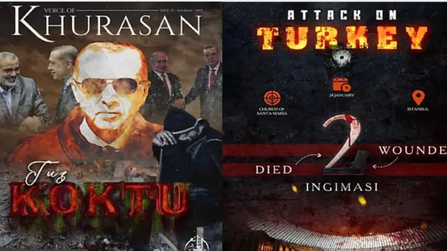 IŞİD-H bağlantılı "Horasan'ın Sesi" dergisinin kapakları. Kapaklardan birinde Cumhurbaşkanı Recep Tayyip Erdoğan görülüyor. İkincisinde ise Mart 2024'teki Santa Maria kilisesi saldırısı övülüyor.