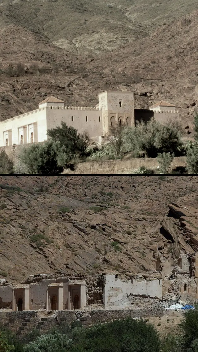 Mosquée de Tinmel [ou Tinmal], un site historique dans les montagnes du Haut Atlas au Maroc, l'image du bas montrant de graves dommages.