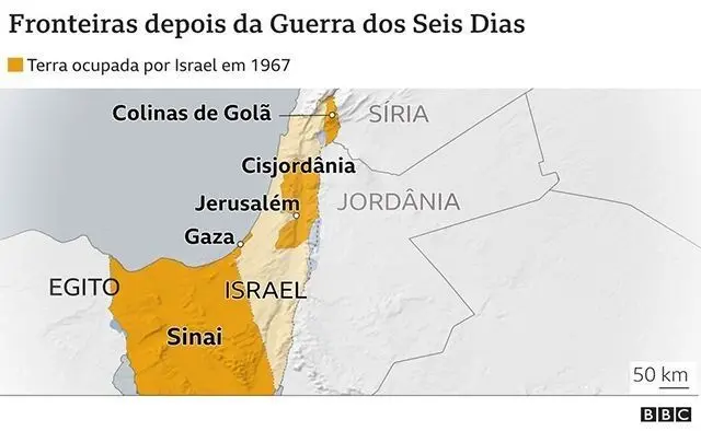 Mapa mostra fronteiras depois da Guerra dos Seis Dias