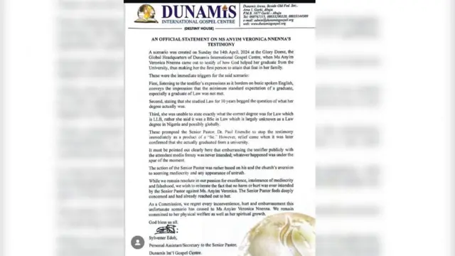Dunamis Church statement on Vera Anyim matter