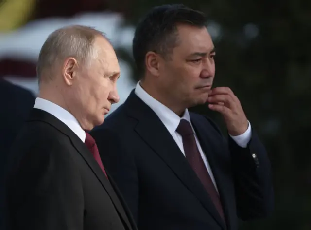 12 Russian President Vladimir Putin (L) and Kyrgyz President Sadyr Japarov (R) attend a meeting with military personnel of Russian Air Forces Base of Kant at the Ala-Archa State Residence, October 12,2023, in Bishkek, Kyrgyzstan. Russian President is conducting a state visit to Bishkek, formely Pishpek and Frunze, the capital and the largest city of Kyrgyzstan, in Central Asia, hosting the Commonwealth of Indendent States (CIS) Annual Summit in 
