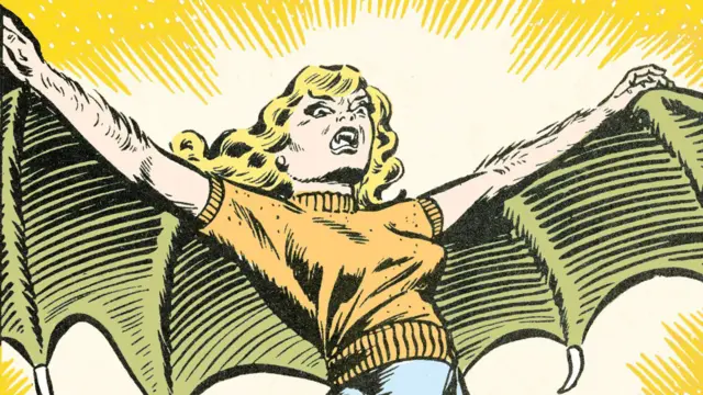 Dibujo cómico de una mujer con colmillos y alas de vampirto