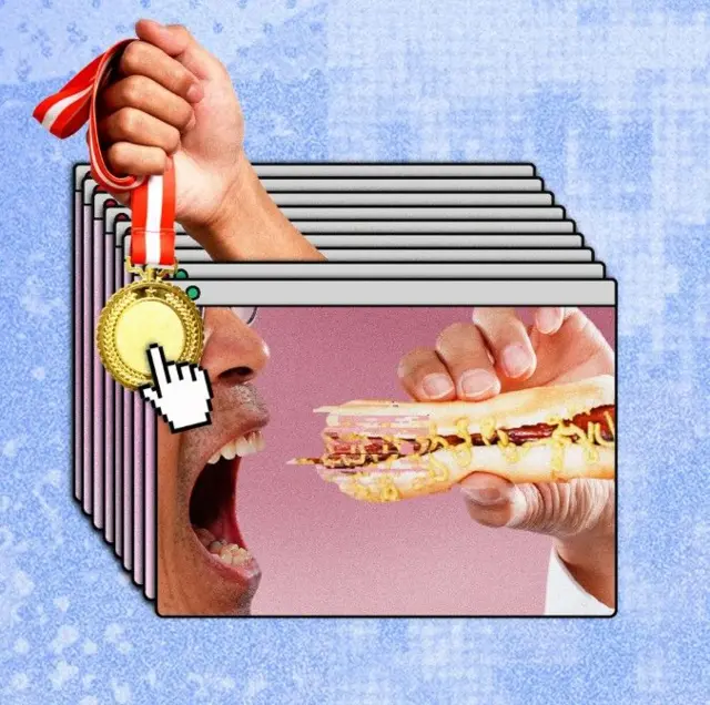 واجهة لعدد من الصور عليها شخص يستعدّ لقضْم شاندويتش هوت دوغ