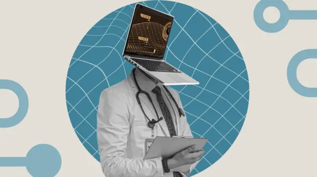 صورة تعبيرية لمفهوم استخدام الذكاء الاصطناعي في الرعاية الصحية لتحليل الأمراض المعقدة، يظهر فيها طبيب رأسه على شكل جهاز لابتوب